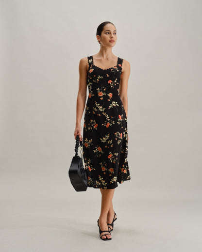 Black Floral Shirred Slip Maxi Dress