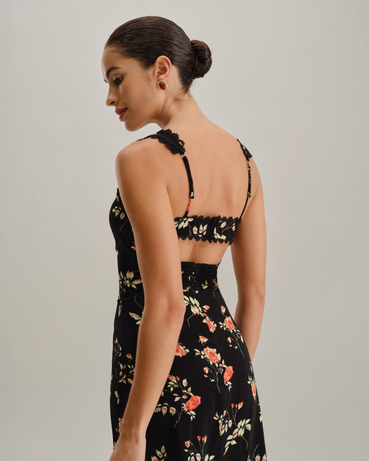 Black Floral Shirred Slip Maxi Dress