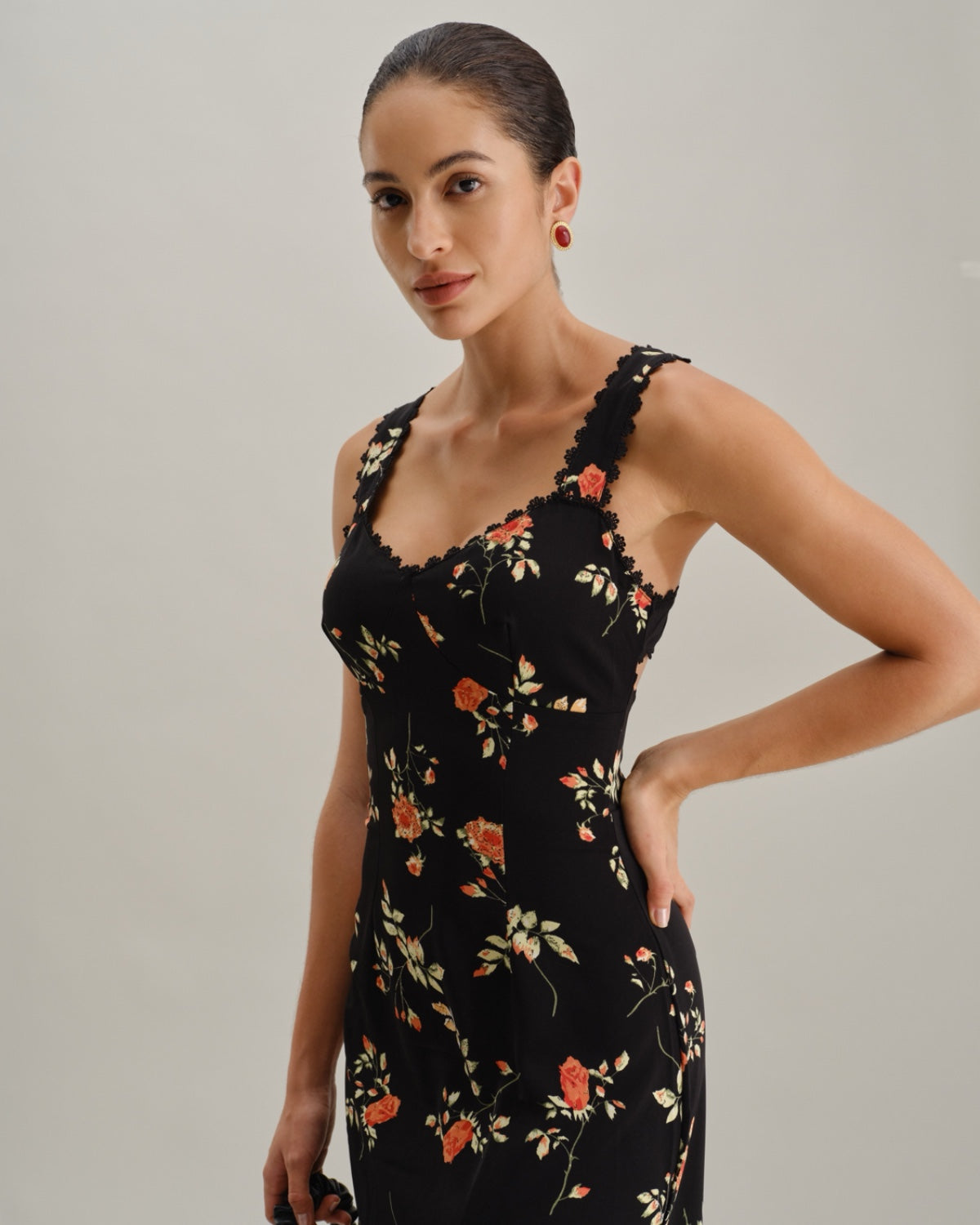 Black Floral Shirred Slip Maxi Dress