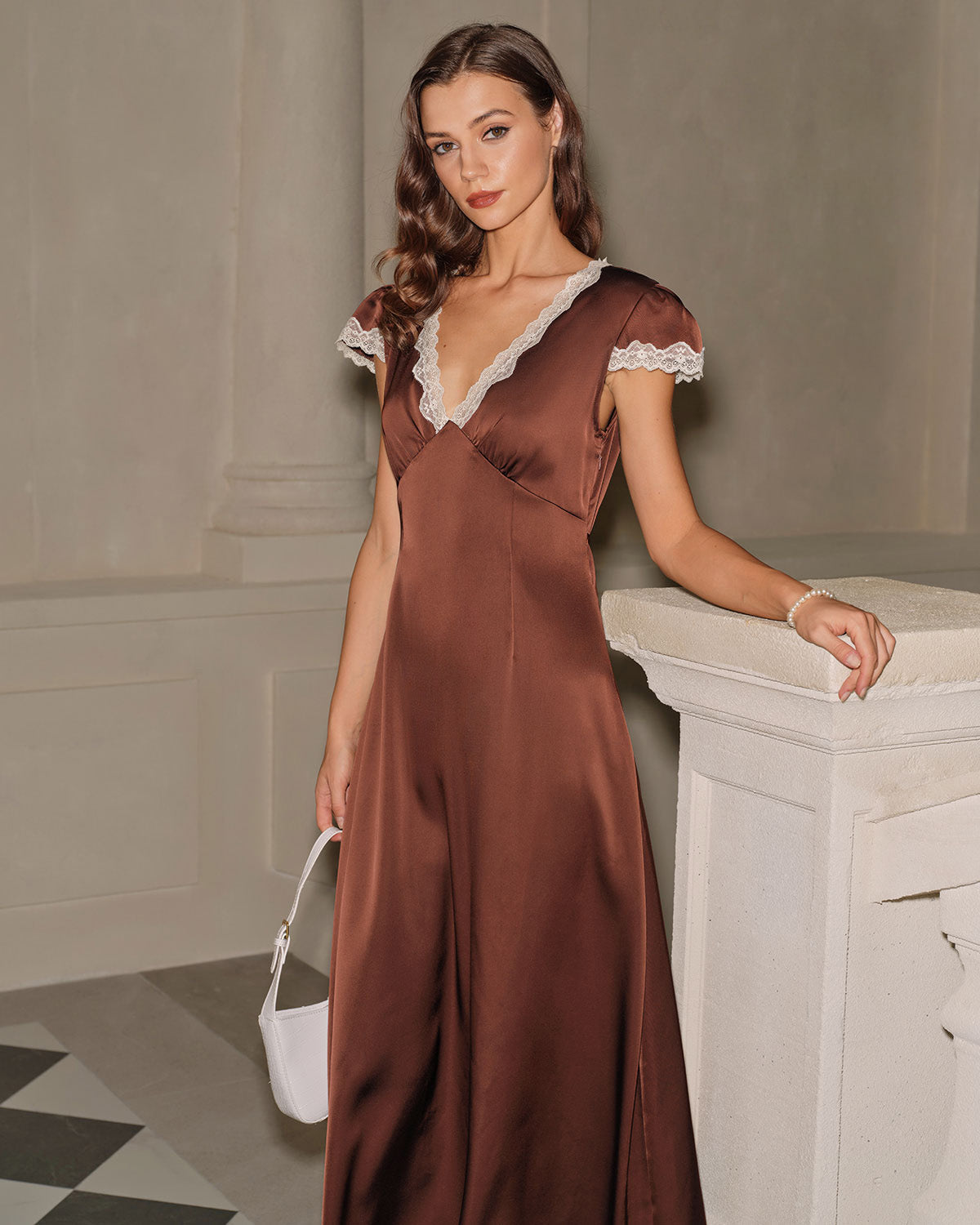 Brown Satin V Neck Lace Maxi Dress